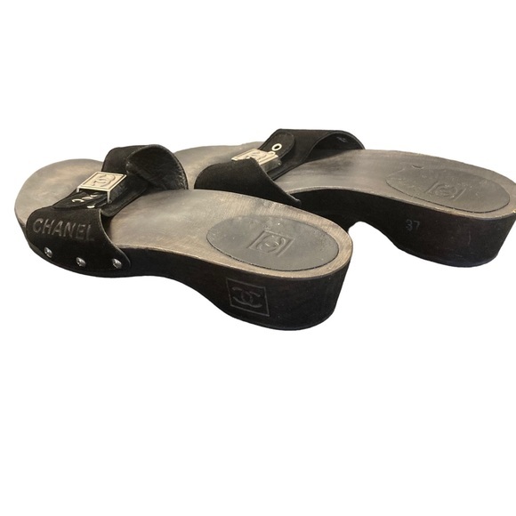 Vintage Chanel Sandals Black CC Mules Wooden Clogs Size 37 - Picture 2 of 8